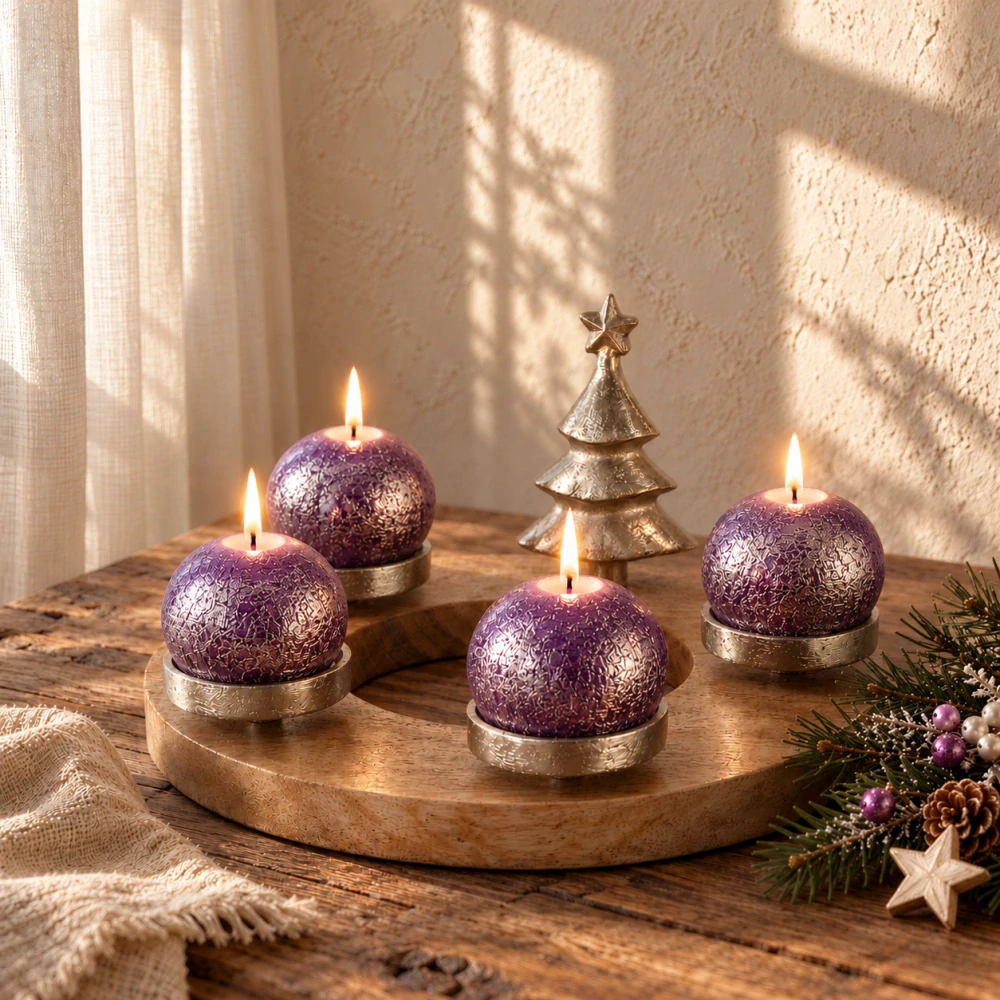 Adventní věnec z mangového dřeva s kovovým stromečkem- stříbrný- průměr 30 cm