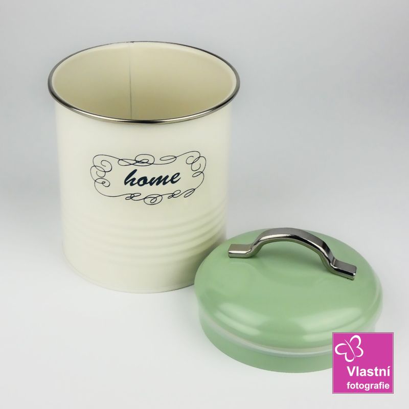 Plechová dóza bílá Home, zelené- mint víčko 17 cm