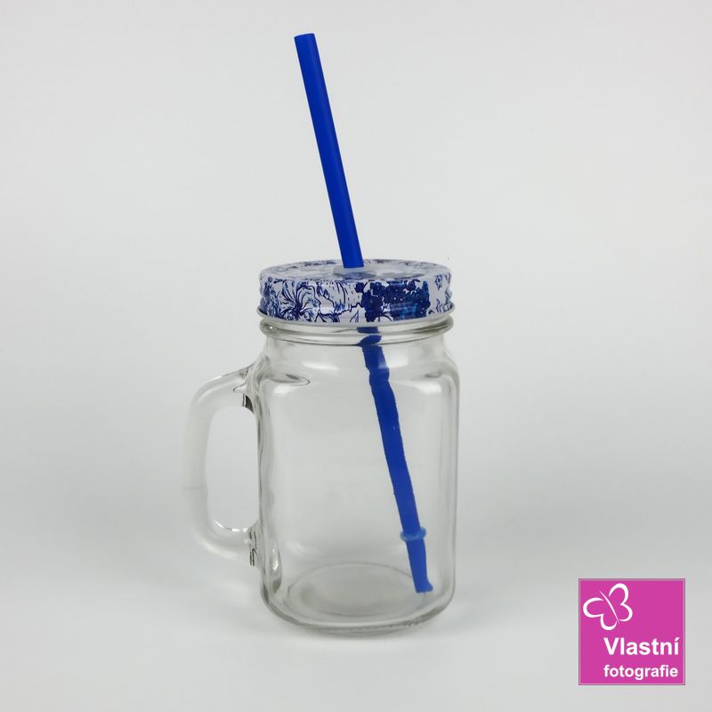 Sklenice s víčkem a brčkem- modrá, 450 ml