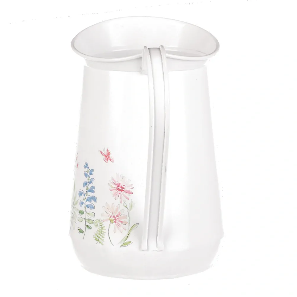 Plechový dekorační džbánek v bílé barvě s květinami- 17 cm