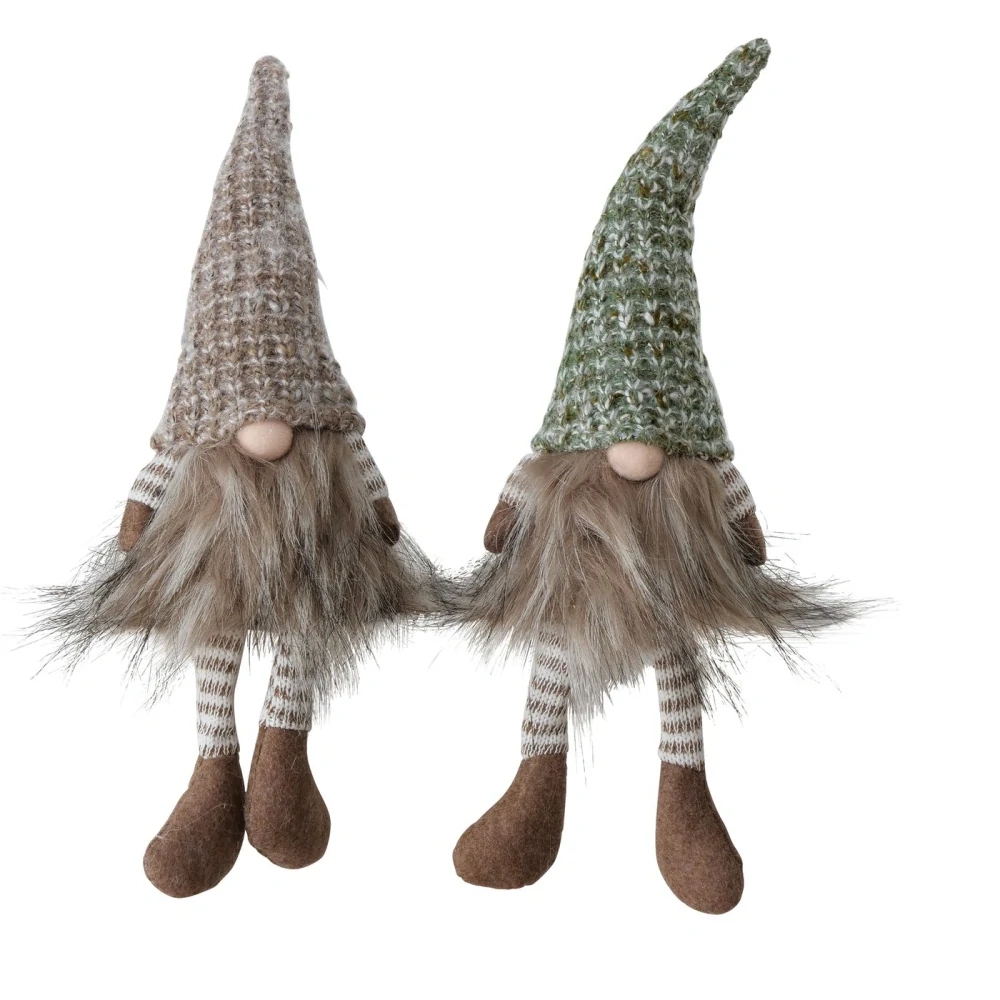 Zimní figurka- sedící skřítek v zelené čepici s dlouhýma nohama- 31 cm