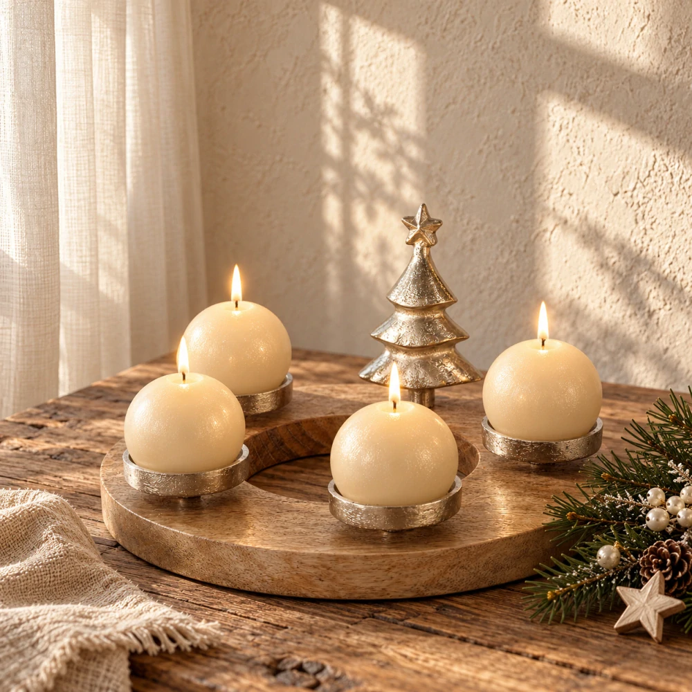 Adventní věnec z mangového dřeva s kovovým stromečkem- stříbrný- průměr 30 cm
