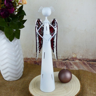 Bílý plechový anděl se stříbrnými křídly, se srdcem dole- 30 cm II. JAKOST