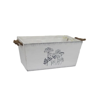 Bílý dřevěný obal- truhlík na květiny s motivem květin- 24x14 cm