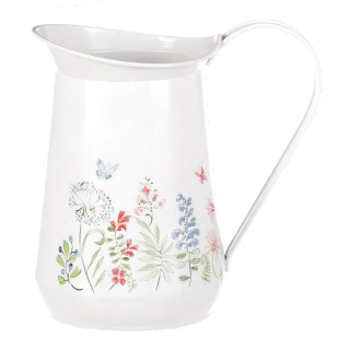 Plechový dekorační džbánek v bílé barvě s květinami- 17 cm