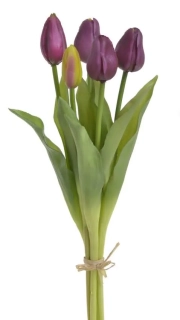 Umělé latexové tulipány fialové- 38 cm, svazek 5 ks