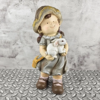 Figurka dítěte s houbovým kloboučkem držící králíčka- holka, 45 cm