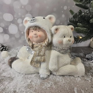 Zimní figurka holčičky v medvědím oblečku a medvídka- výška 26 cm