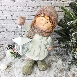 Zimní figurka dítěte- holka v bílém kabátku s lucernou- 38 cm II. JAKOST