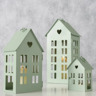 Kovová lucerna Alamo- domeček zelený mint- sada 3 ks 13- 35 cm