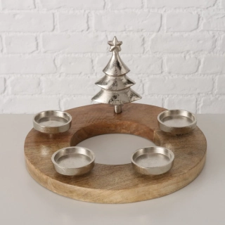 Adventní věnec z mangového dřeva s kovovým stromečkem- stříbrný- průměr 30 cm